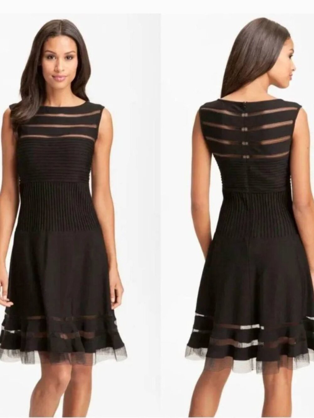 TADASHI SHOJI Designer Mesh Stripe Fit n Flare Illusion Dress Black Size M